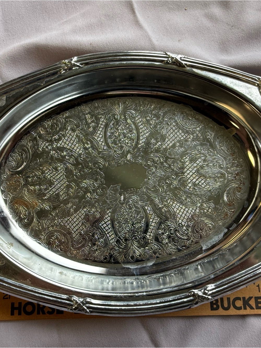 Silver-Tone Decorative Oval Serving Tray